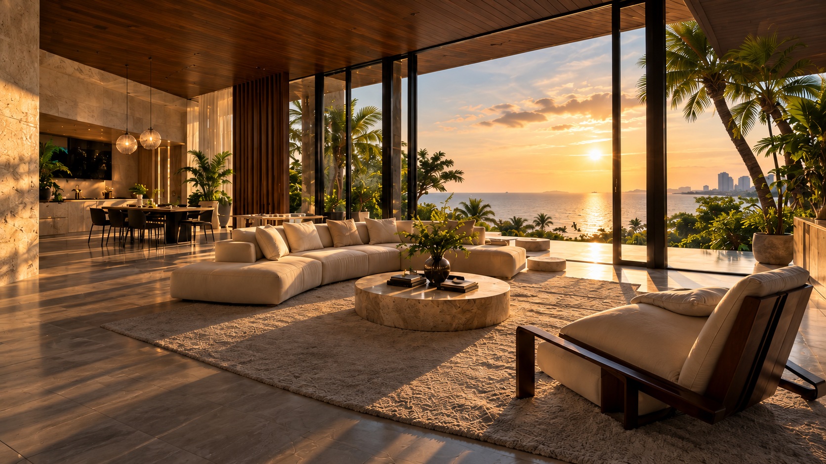Coastal interior at sunset with ivory seating, stone and timber overlooking the sea