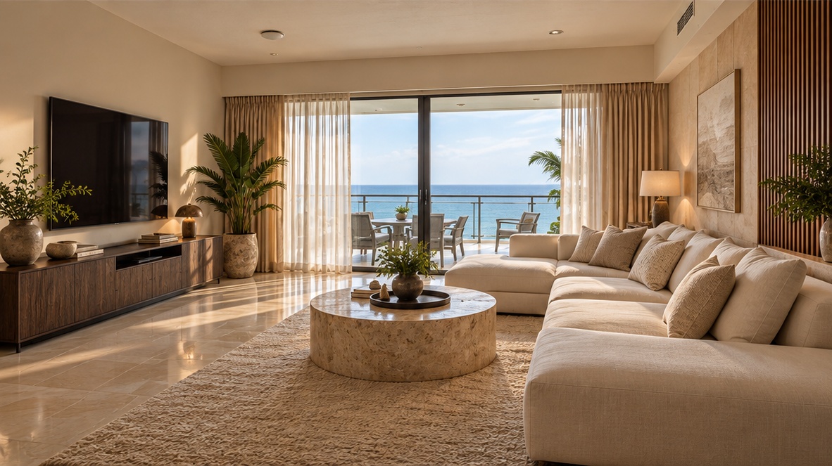 After: redesigned coastal condo concept with ivory sectional and travertine table